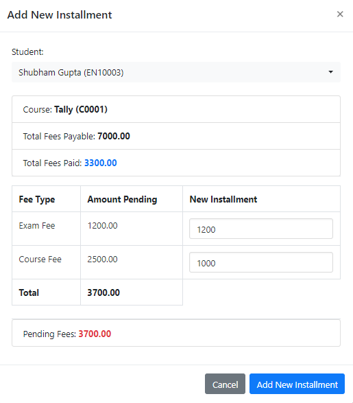 Instittue Management Add New Installment With Fee Types