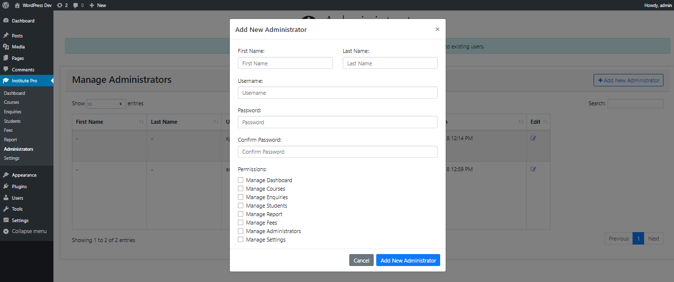 Institute Management Add an Administrator with Permissions