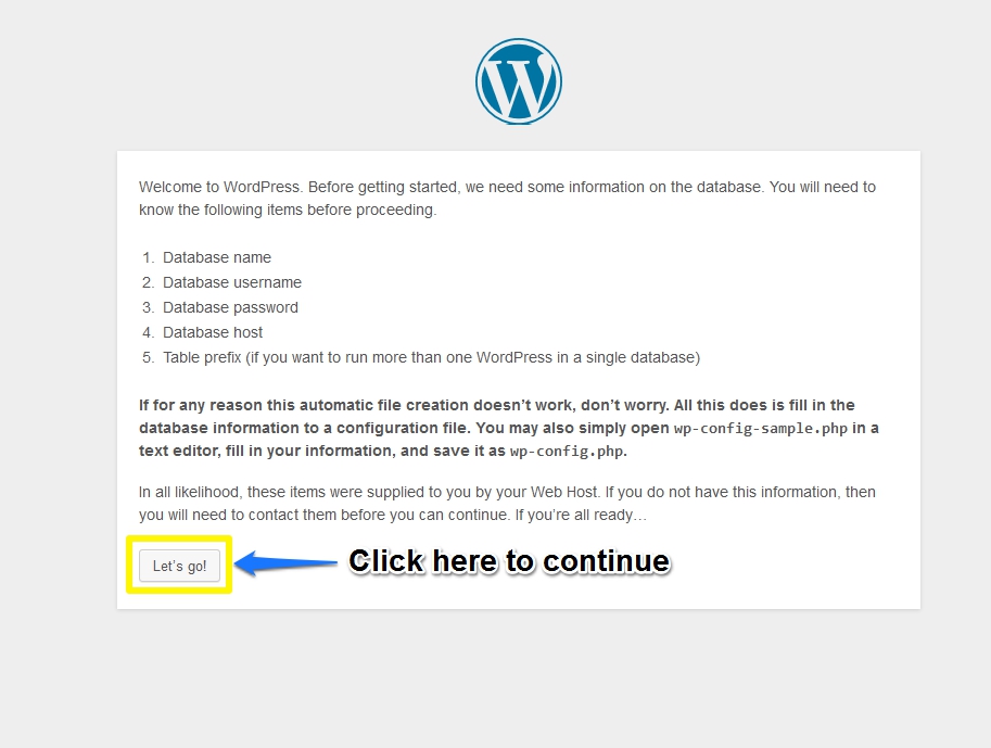 Second Screen of WordPress Installation