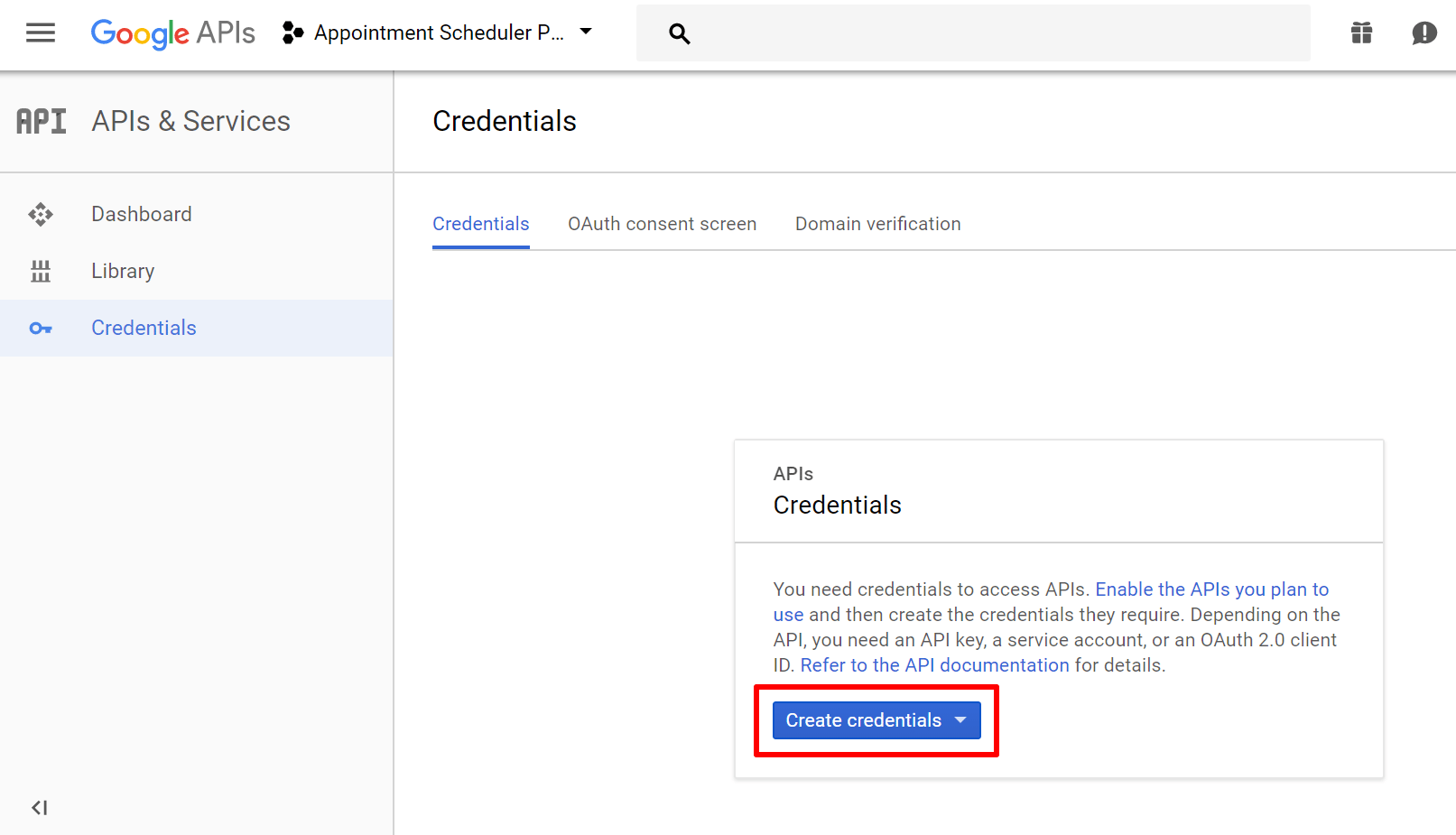 create project credentials for google calendar api